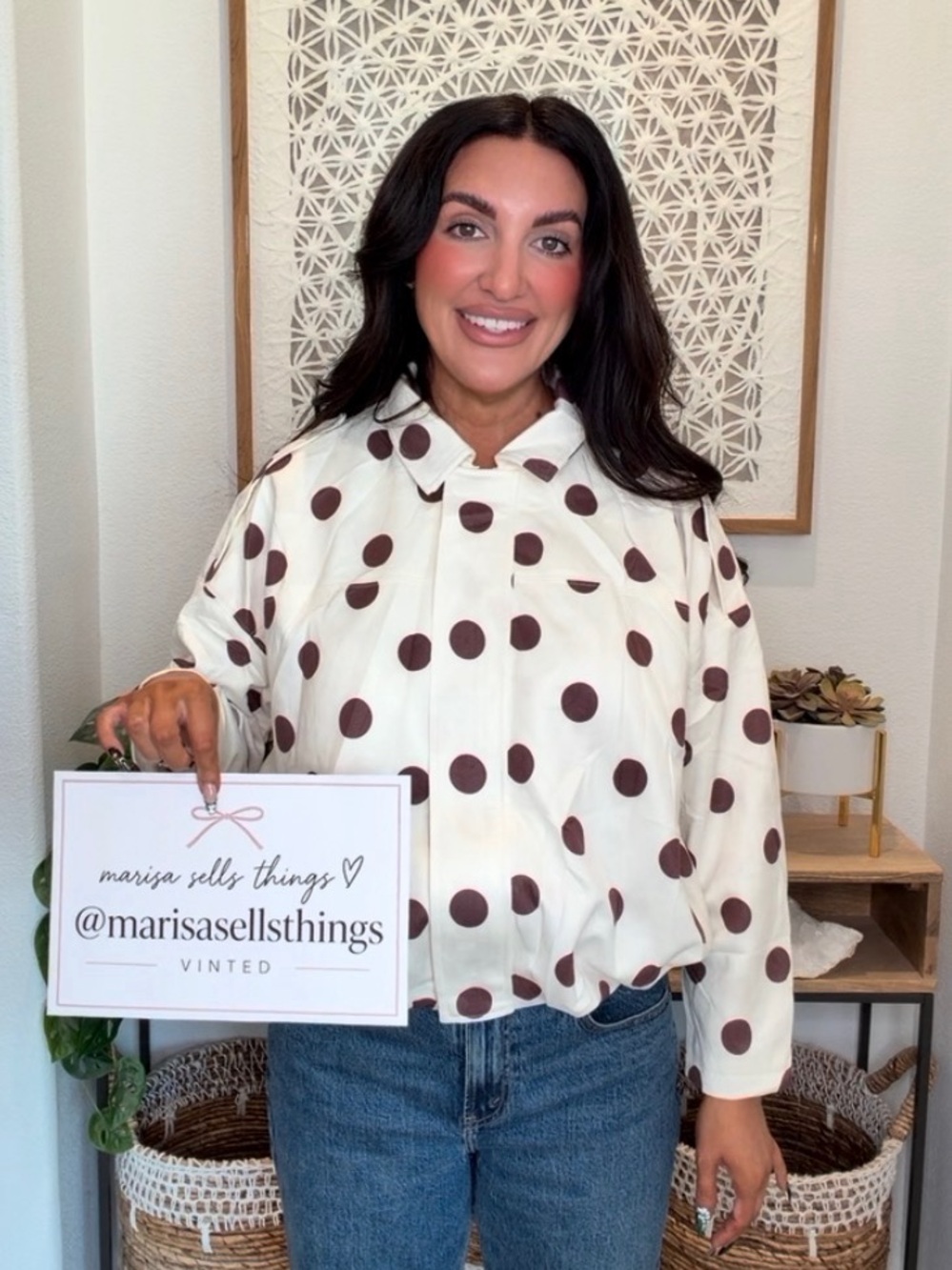 Amazon White Blouse with Brown Polka Dots